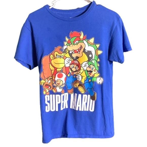 Super Mario Nintendo Graphic T-Shirt Blue Kids Small — Casual, Bowser, Gaming - Picture 1 of 7